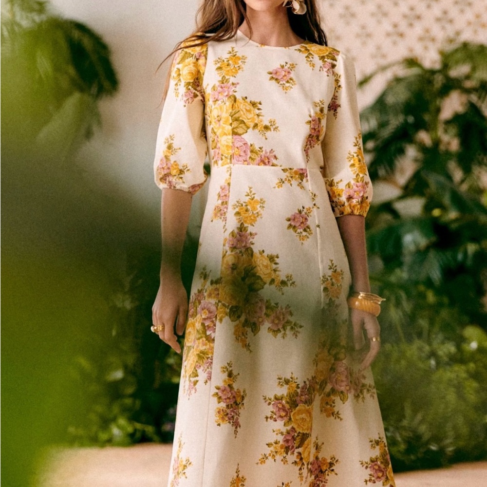 Sezane Cream and Yellow Floral Long Sleeve Dress